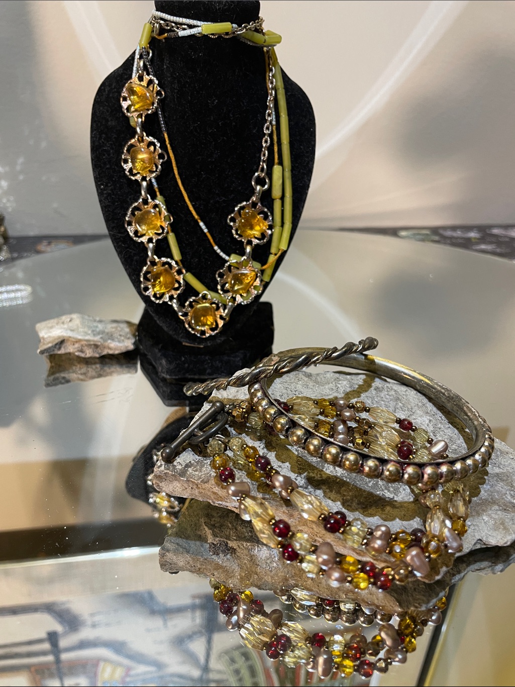 Handcrafted Vintage Yellow Glass Flower Necklace And Matching Beaded Bracelets